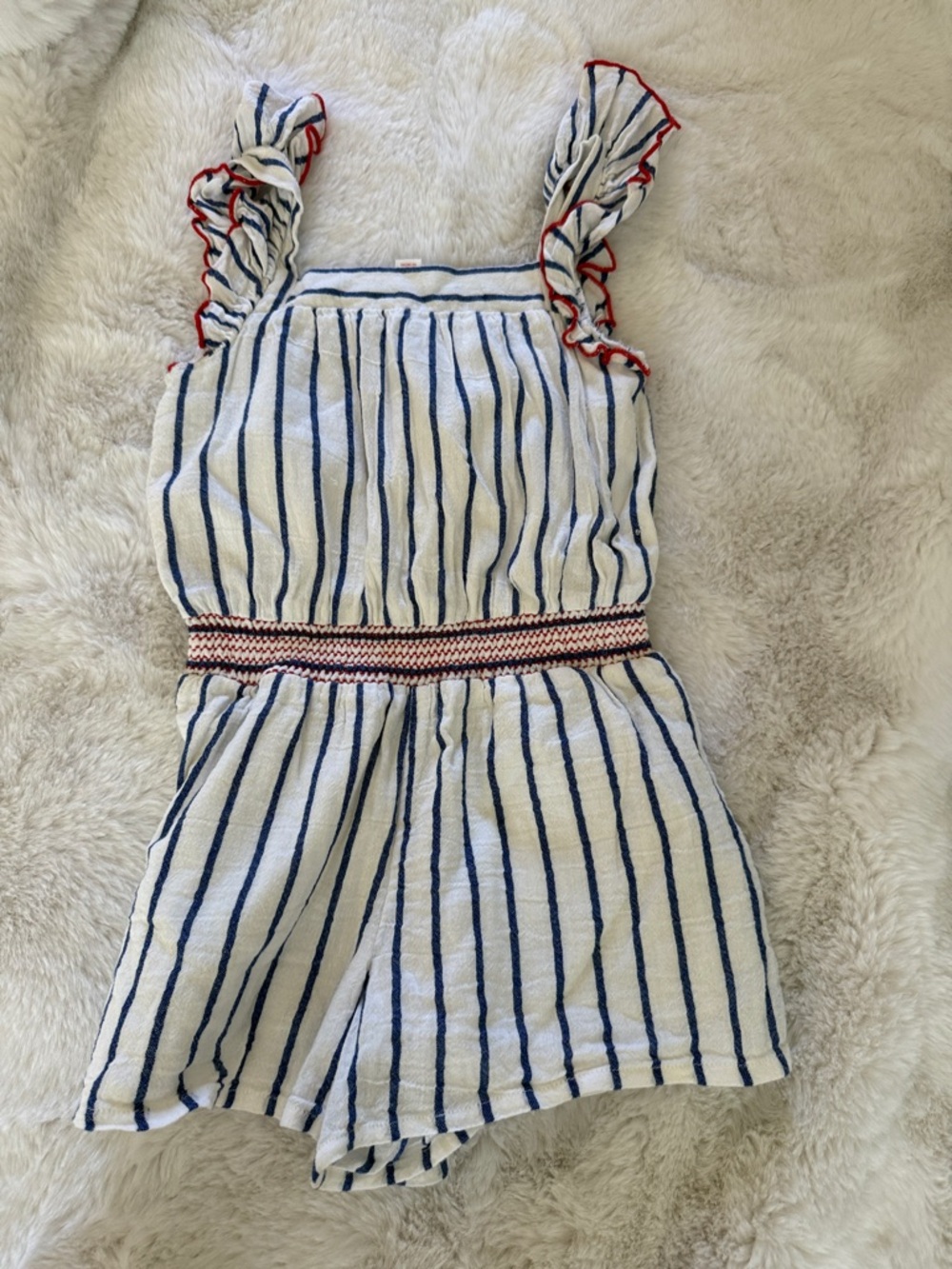 Cat & Jack White Romper with Navy Stripes and Red Trim